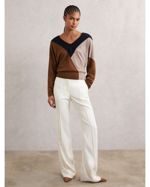 Reiss White Toffee & & Neutral Wool-Blend Colourblock Knit Jumper With Cashmere