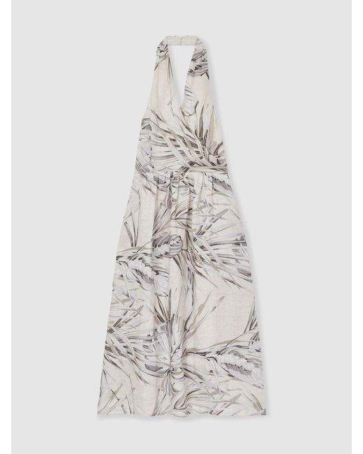 Reiss Natural Petite Linen Palm Print Halterneck Midi Dress