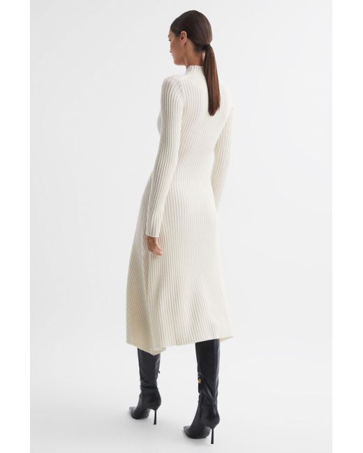 Reiss Natural Kris - Cream Wool Blend Bodycon Midi Dress