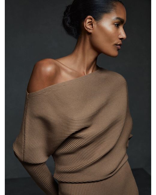 Reiss Multicolor Lara - Mink Off-the-shoulder Ribbed Midi Dress, L (us 12-14)