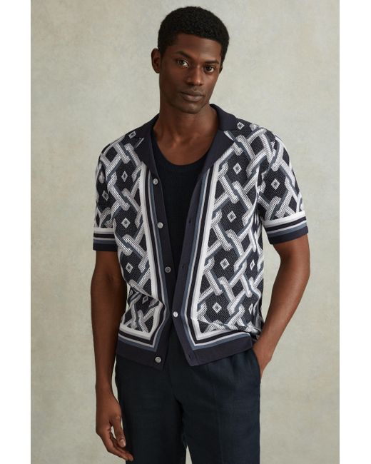 Reiss Black Hyde - Navy Multi Knitted Cuban Collar Shirt, Xs for men