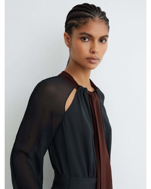 Reiss Black Burgundy Tie-Neck Belted Midi Dress
