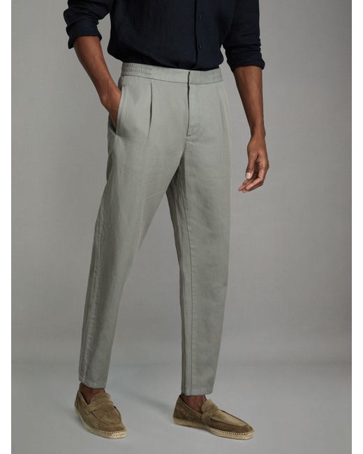 Reiss Gray Relaxed Cotton & Linen Blend Elasticated Waist Trousers for men