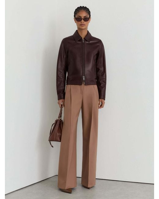 Reiss Brown Leather Zip-Through Moto Jacket