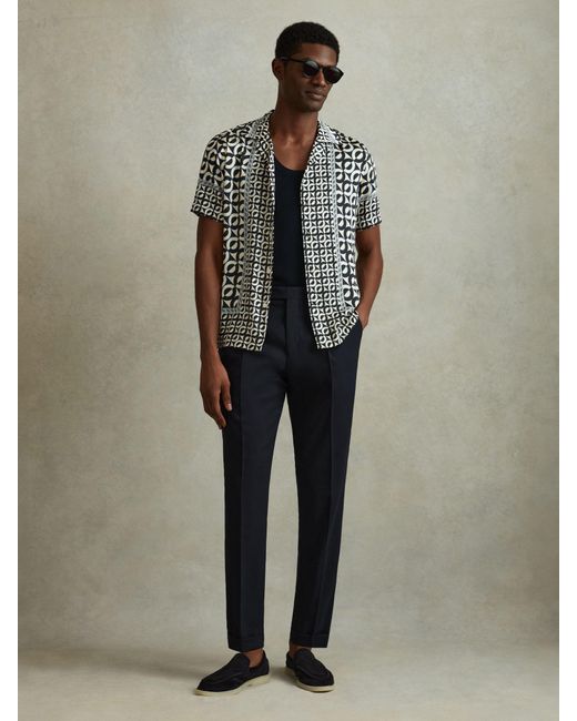 Reiss Black Prentice - Lapis Blue Geometric Print Cuban Collar Shirt, Xs for men