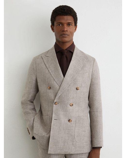 Reiss Gray Tailored Fit Linen Double-Breasted Suit Blazer for men