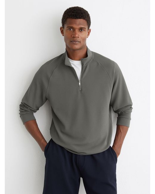 Reiss Gray Textured Half-Zip Funnel-Neck Jumper for men