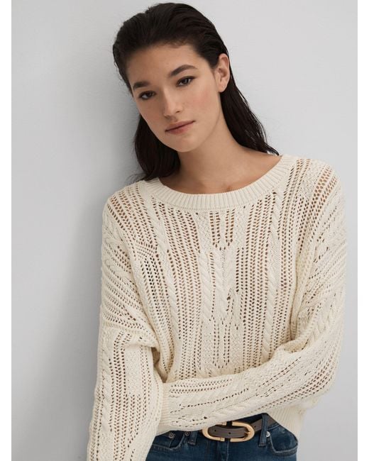 Reiss Natural Tanya - Ivory Cotton Blend Open Stitch Crew Neck Jumper, Xs (us 2)