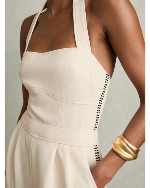 Reiss Natural Viola - Cream Petite Embroidery Halterneck Wide-leg Jumpsuit, Us 8