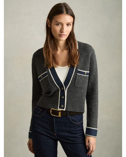 Reiss Gray Wool-Cashmere Tipped V-Neck Cardigan