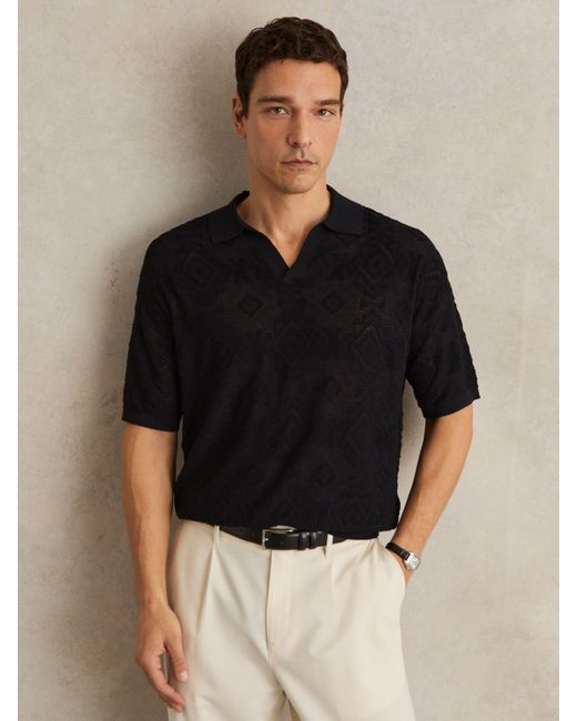 Reiss Black Jacquard Loop-Stitch Polo Shirt for men
