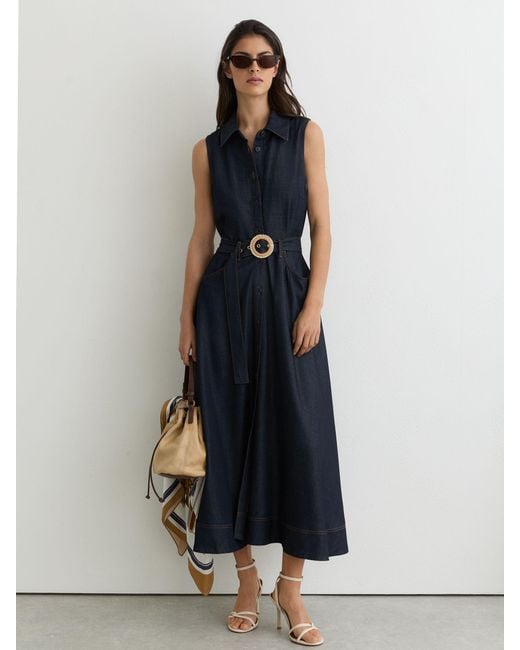 Reiss Remi - Indigo Blue Button-front Belted Denim Midi Dress, Us 2