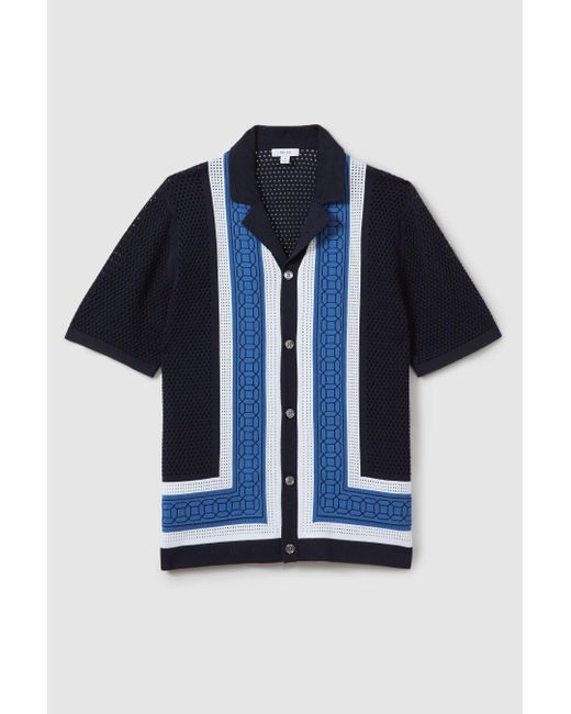 Reiss Blue Jensen - Navy Embroidered Cuban Collar Shirt for men