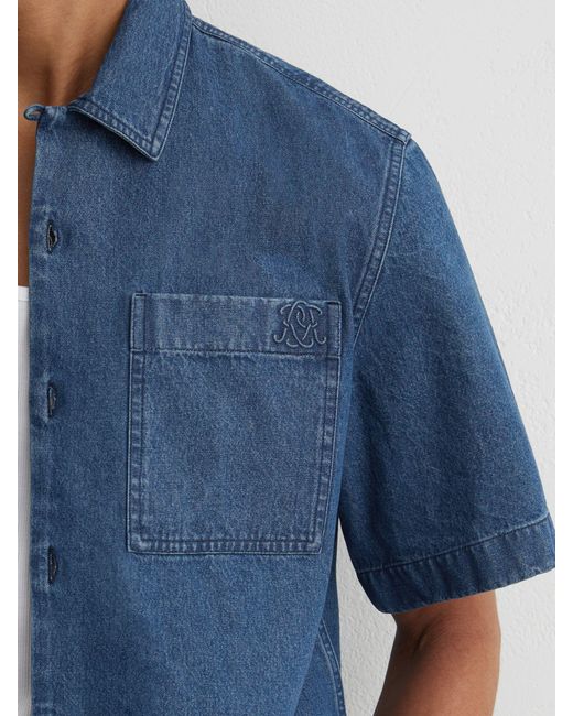 Reiss Blue Monogram-Embossed Relaxed Denim Shirt for men
