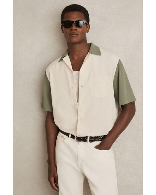 Reiss Natural Off & Sage Colour-Block Cuban-Collar Shirt for men