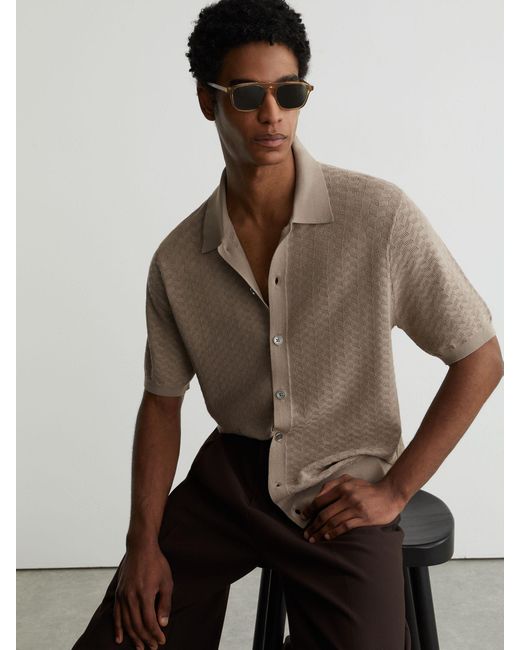 Reiss Brown Textured-Knit Button-Through Shirt for men