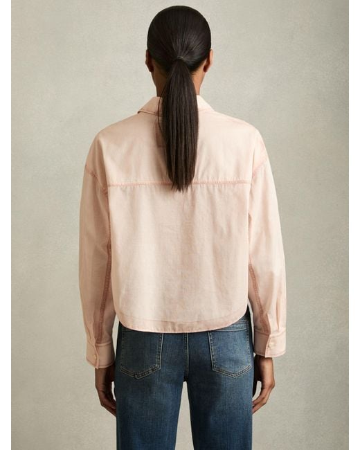 Reiss Pink Darcy Cotton Denim-Print Cropped Shirt