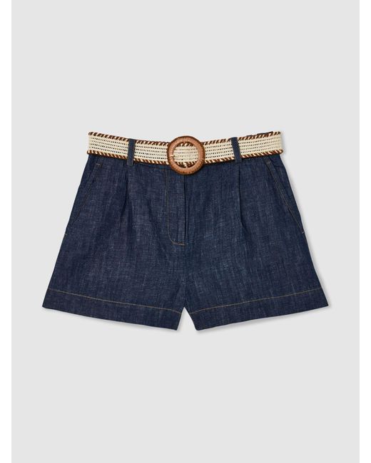 Reiss Blue Beau - Indigo Cotton-linen Belted Shorts, Us 4