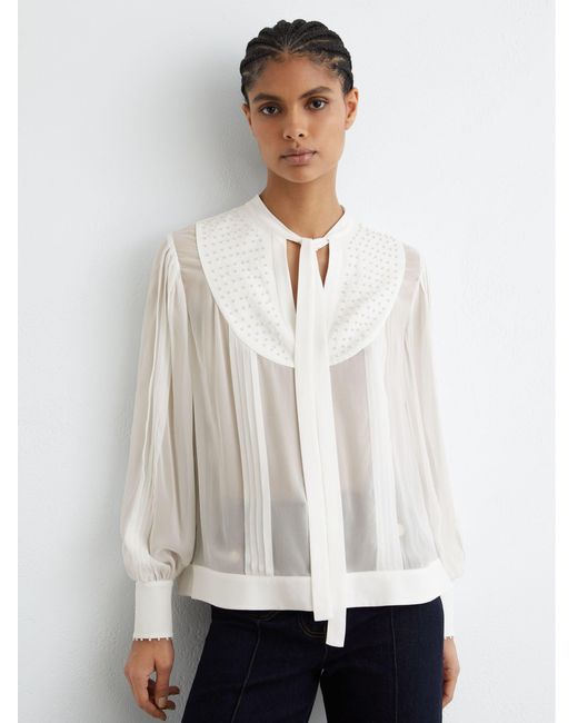 Reiss White Georgette Tie-Neck Beaded Blouse