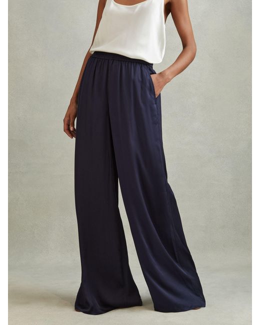 Reiss Blue Satin Elasticated Waist Wide Leg Trousers