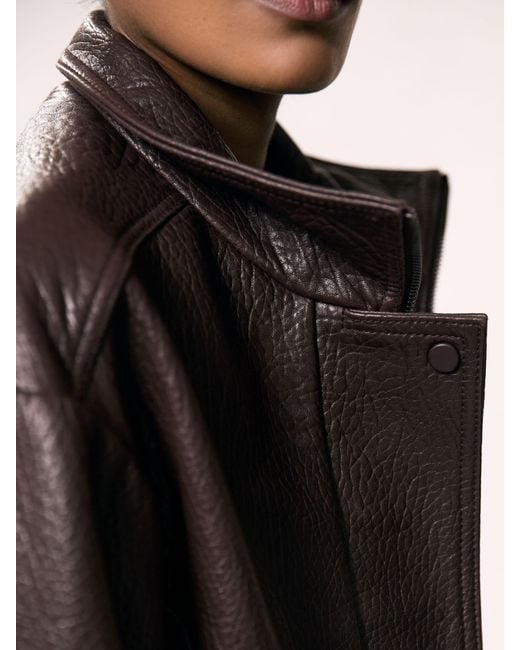 Reiss Brown Oversize Grained-Leather Bomber Jacket