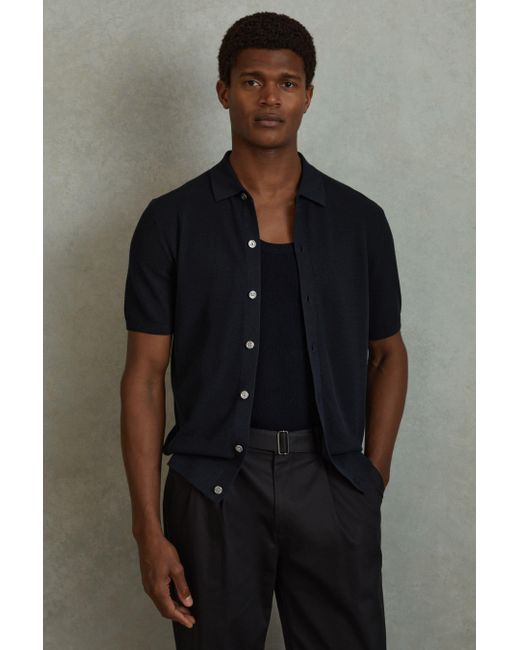 Reiss Gray Bravo - Navy Cotton Blend Textured Shirt, M for men