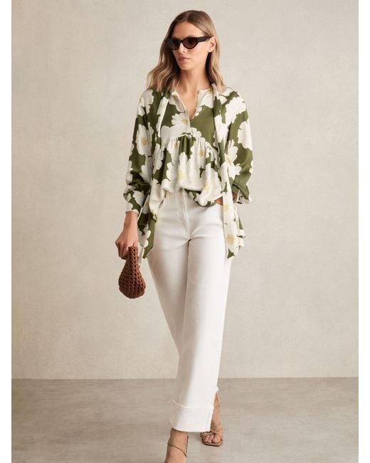 Reiss Natural Floral Tie-Neck Swing Blouse