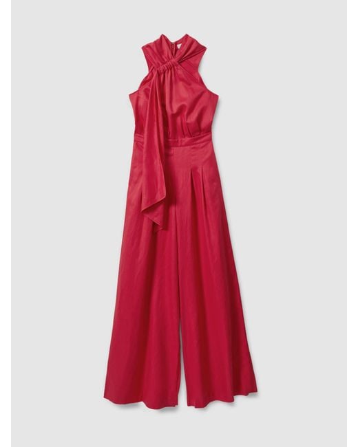 Reiss Red Selena - Coral Petite Linen Blend Drape Jumpsuit, Us 0