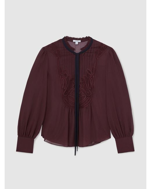 Reiss Lace-Embroidered Tie-Neck Shirt