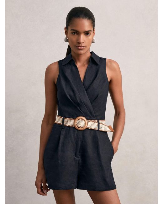 Reiss Blue Linen Belted Sleeveless Wrap Playsuit