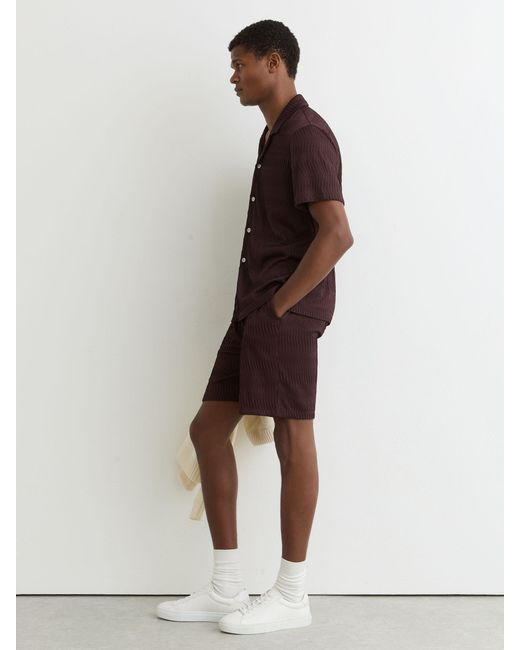 Reiss Brown Textured-Wave Cuban-Collar Shirt for men