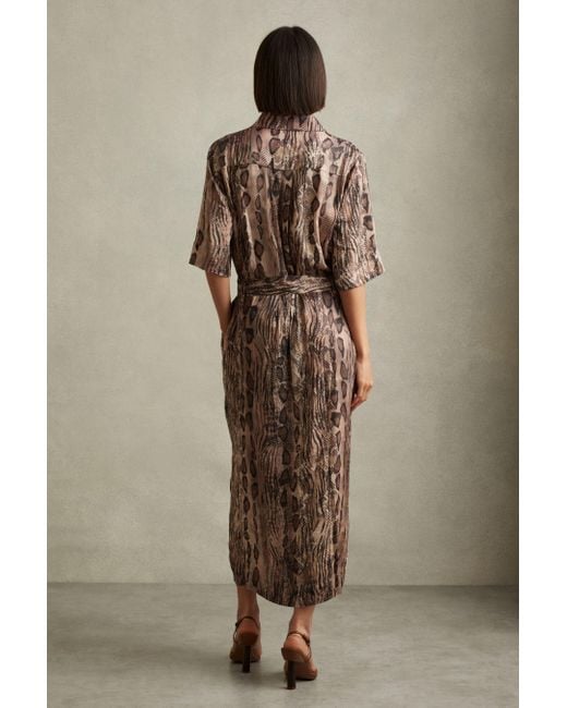 Reiss Natural Snake Print Belted Midi Dress