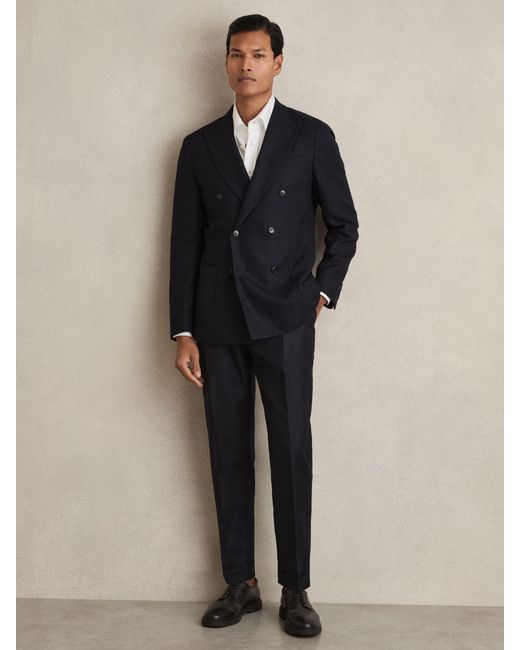 Reiss Blue Slim-Fit Double-Breasted Textured Wool-Blend Suit Blazer for men