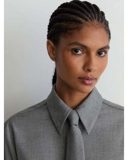 Reiss Gray Woven Neck-Tie Long-Sleeve Shirt
