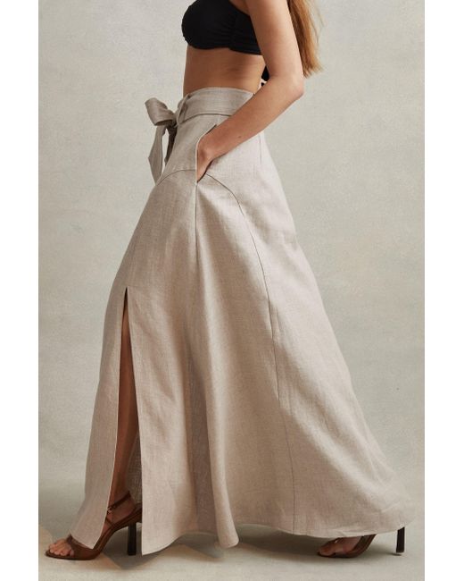 Reiss Natural Abigail - Neutral High Rise Linen Midi Skirt