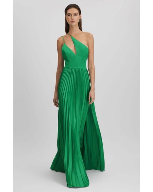AMUR Green One Shoulder Satin Maxi Dress