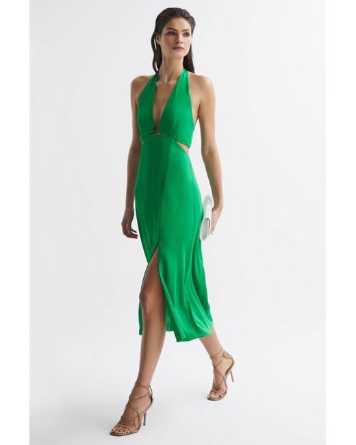 knee length dresses for ladies Windsor Late Dinner Plans Halter Slit Midi Dress in Black | Size: L