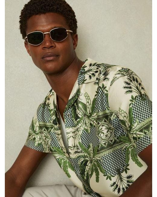 Reiss Green Lulu Bright Relaxed Palm Print Cuban Collar Shirt for men