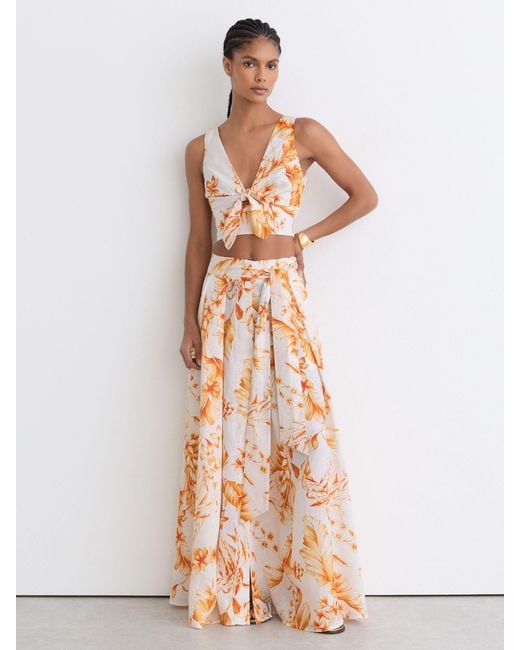 Reiss White Milly - Ivory/orange Linen Floral Print Tie Front Top, Us 14