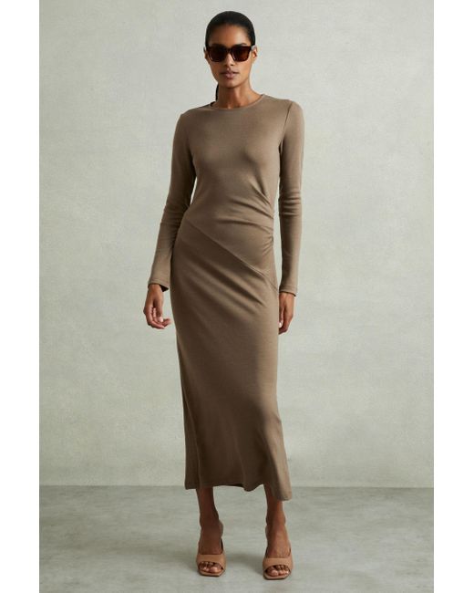 Reiss Natural Wool Ruche Detail Midi Dress