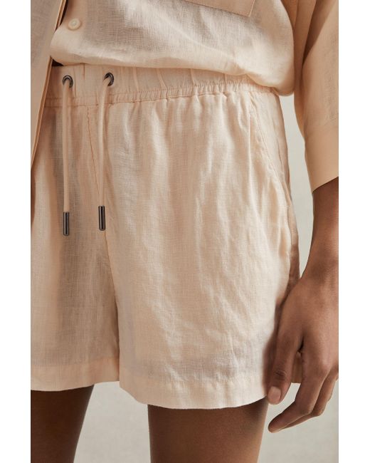 Reiss Natural Cleo - Peach Linen Garment Dyed Drawstring Shorts