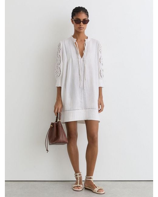 Reiss White Gia - Ivory Cotton Cheesecloth Broderie Mini Dress, Us 4