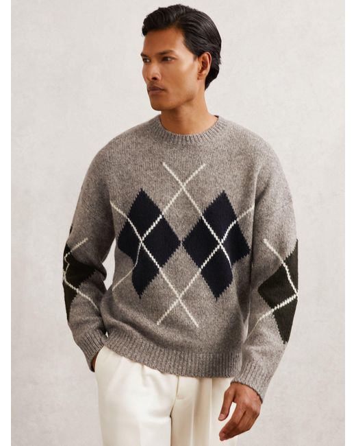 Reiss Gray Wool-Blend Crew-Neck Argyle Jumper for men