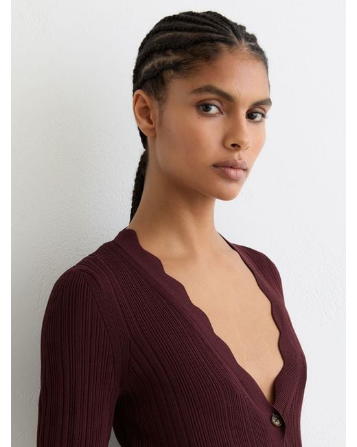 Reiss Red Rib-Knit Scallop-Trim Cardigan
