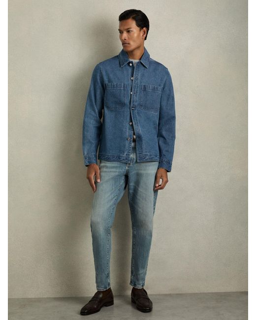 Reiss Blue Cotton-Denim Button-Through Overshirt for men
