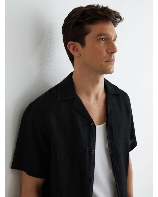Reiss Black Relaxed Linen Cuban Collar Shirt for men