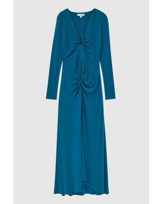 Reiss Blue Remy - Teal Plunge Neck Ruche Midi Dress, Us 6