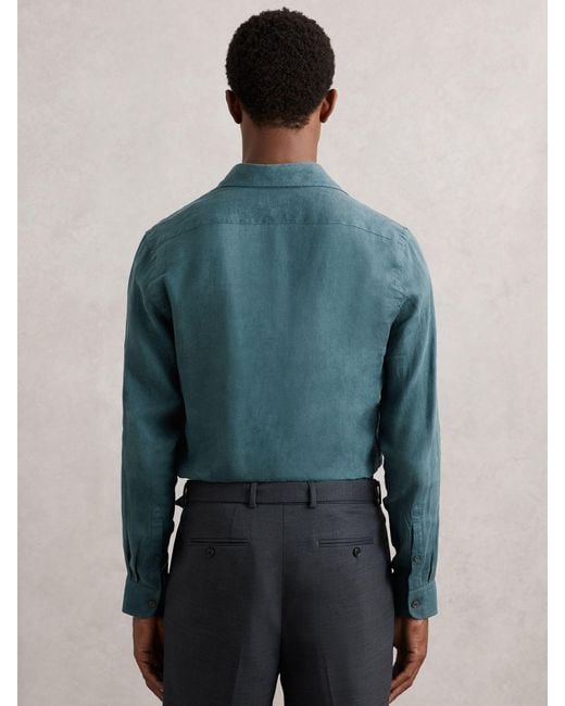 Reiss Blue Linen Regular-Fit Long-Sleeve Shirt for men