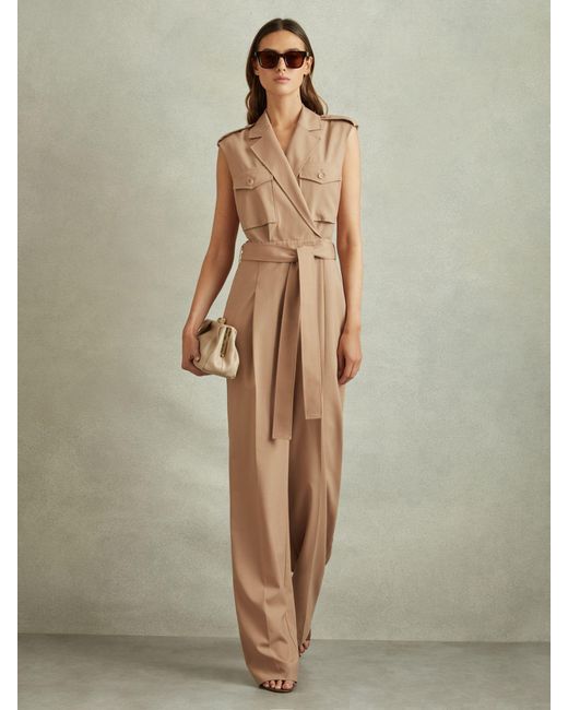 Reiss Natural Luisa - Stone Wool Blend Double Breasted Belted Jumpsuit, Us 4