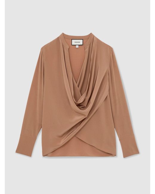 Reiss Brown Matte Silk Draped Shirt